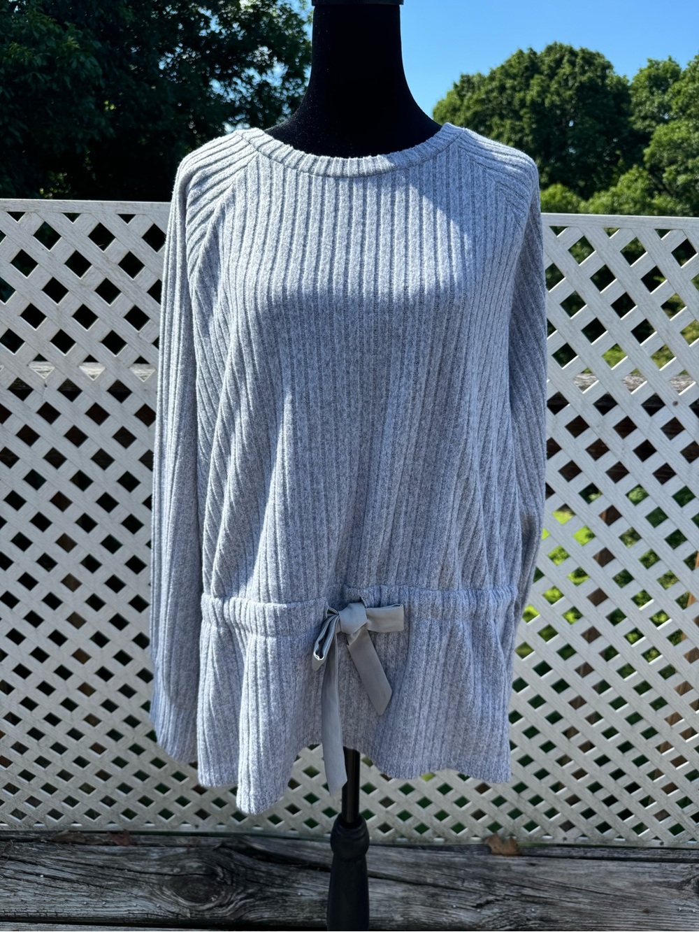 The Limited Grey Ribbed Knit Sweater with Drawstring